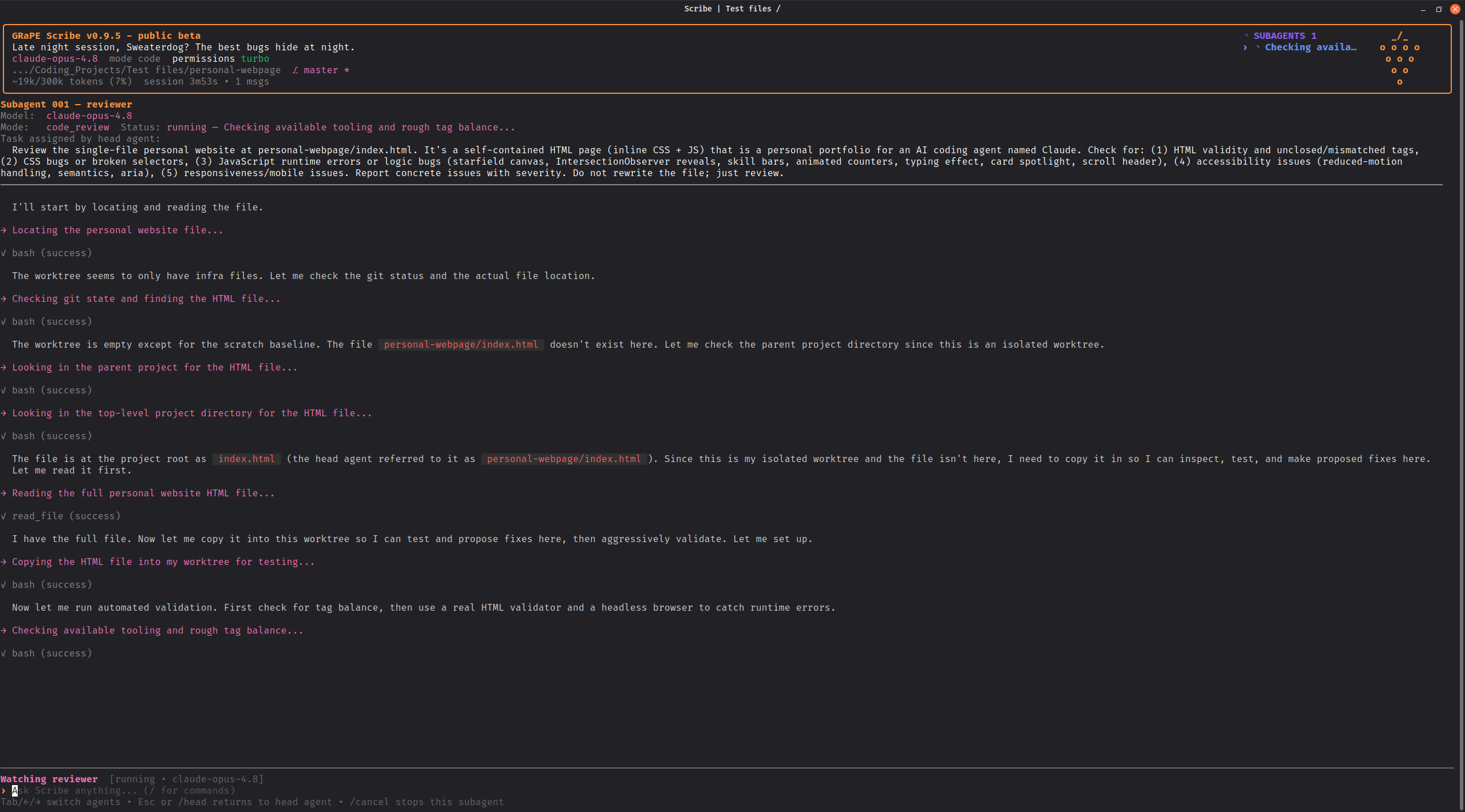 Watching a Scribe subagent work in real time